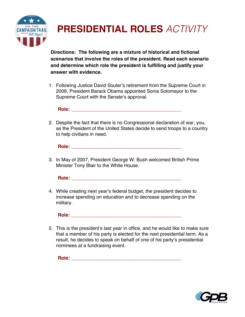 Roles Of The President Worksheet Printable PDF Template