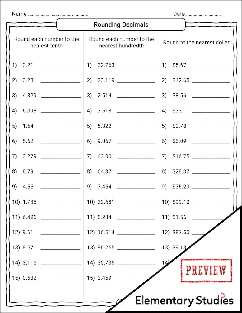 Rounding Decimals Worksheets Elementary Studies
