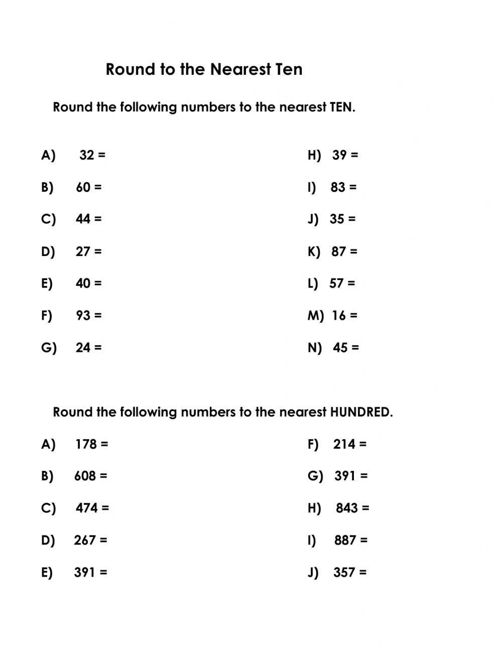 Rounding To Nearest Ten And Hundred Interactive Worksheet Live 