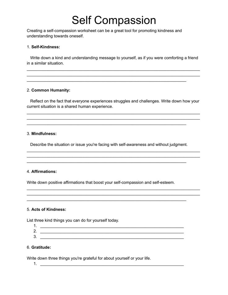 Self Compassion Worksheet Therapy Tool Social Work Tool Counseling