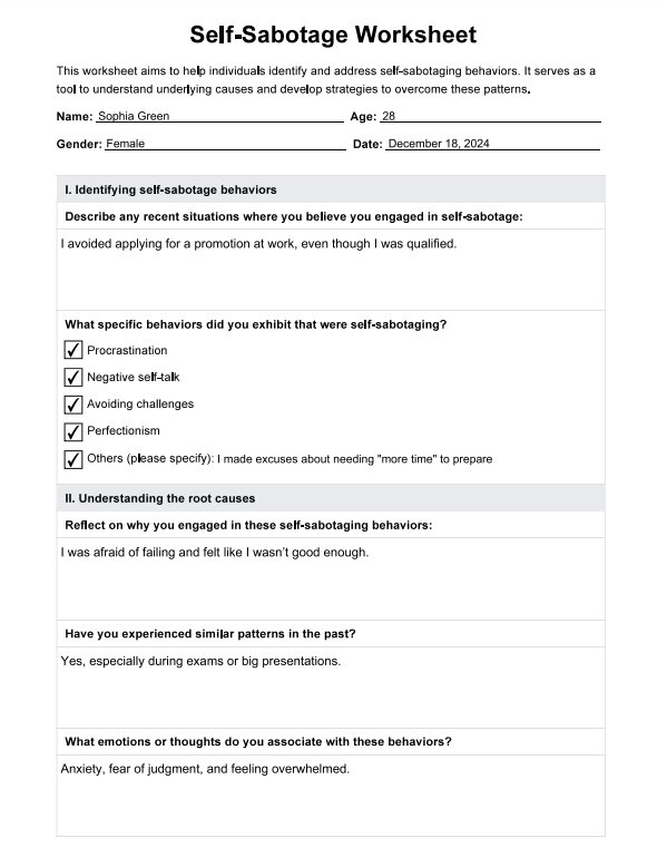 self sabotage worksheet