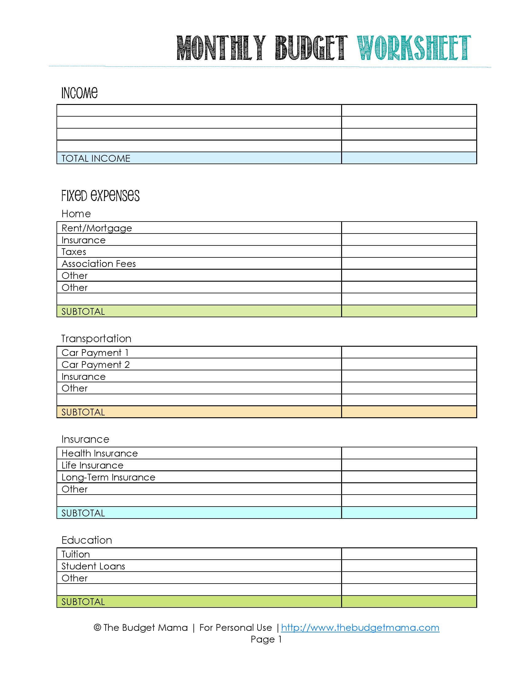 simple printable budget worksheet