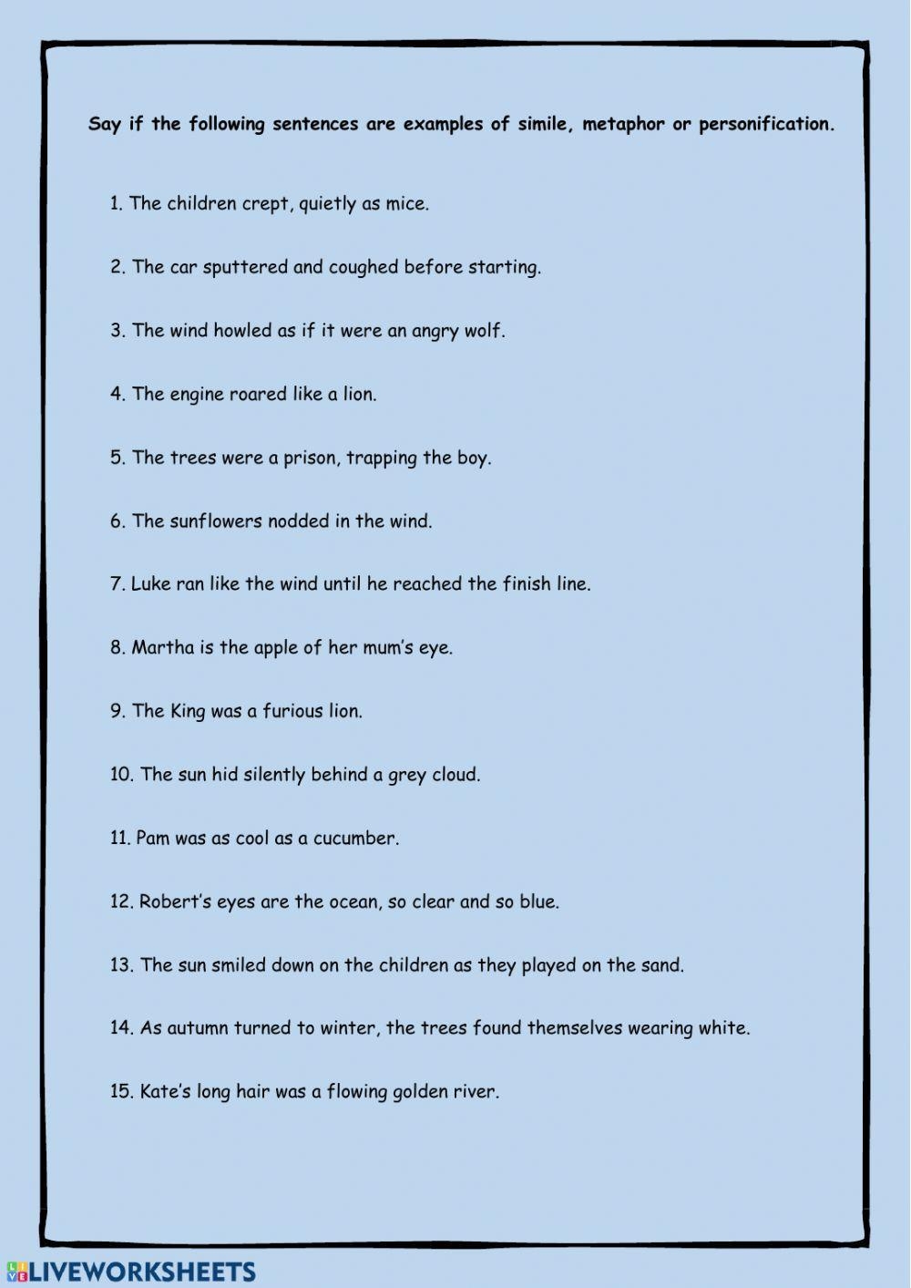 Similes Metaphors And Personifications Worksheet Live Worksheets 