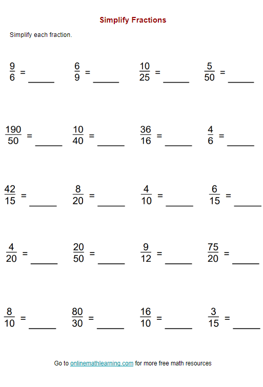 Simplify Fractions Worksheet examples Answers Videos Activities 