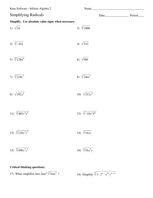 Simplifying Radicals Kuta Software Worksheets Library