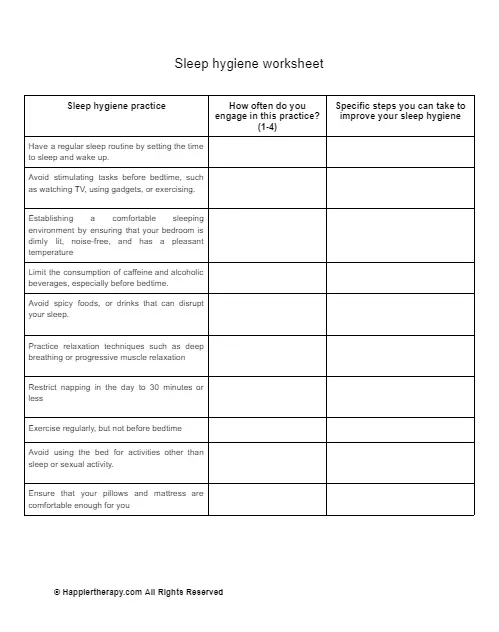 sleep hygiene worksheet pdf