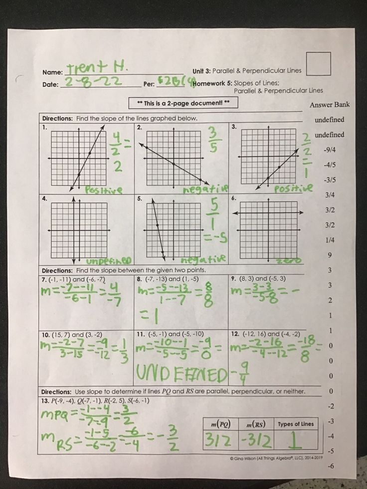 Slope And Parallel Perpendicular Lines Homework Page 1