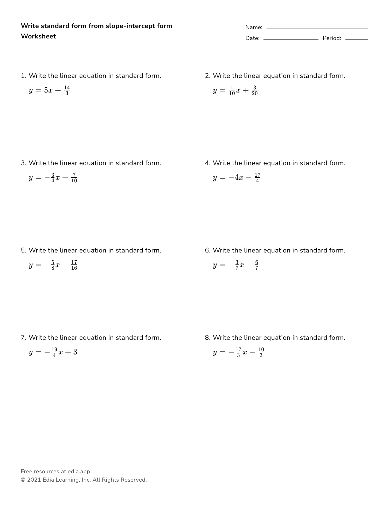 Slope intercept Form Of Equation Of A Line Worksheets Worksheets Library