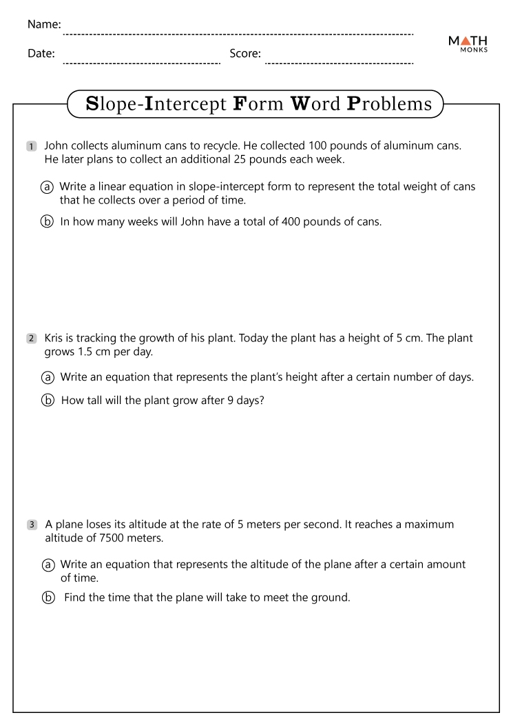 slope intercept form worksheets