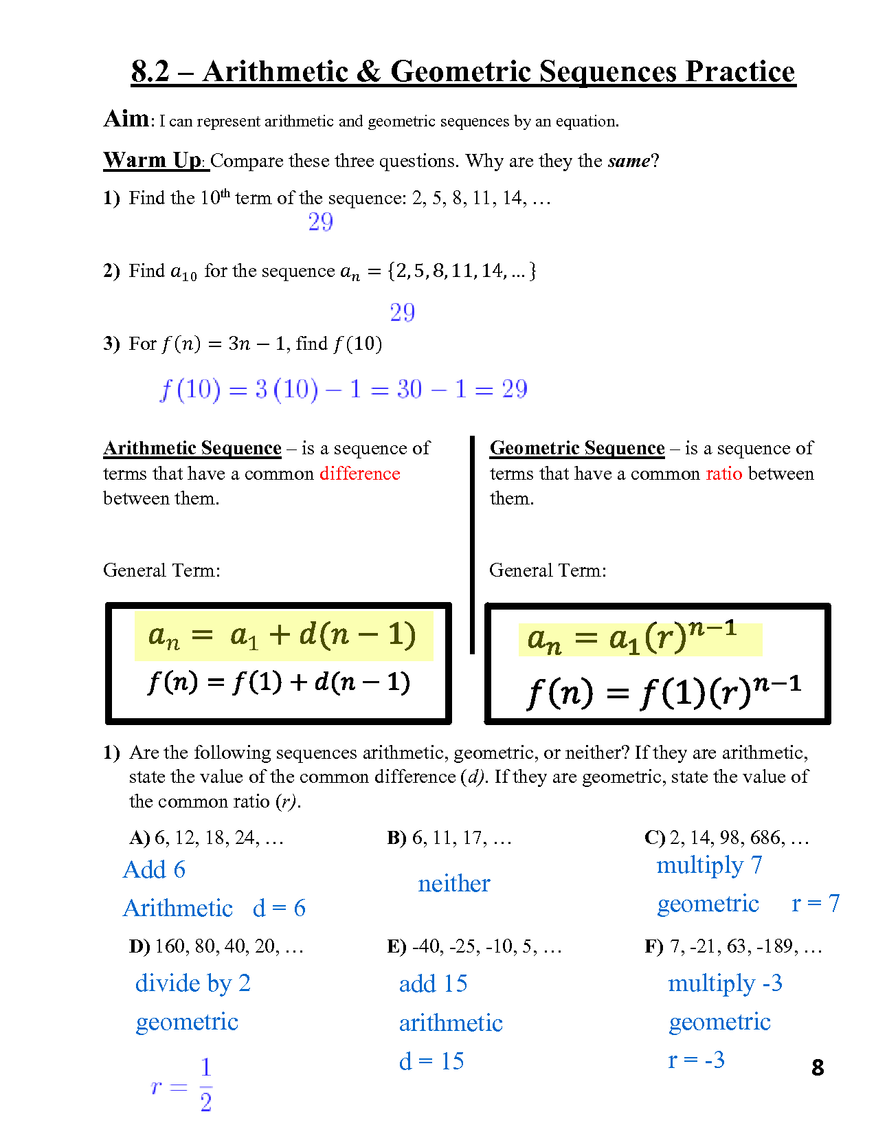 SOLUTION 8 2 Arithmetic Geometric Sequences Studypool Worksheets