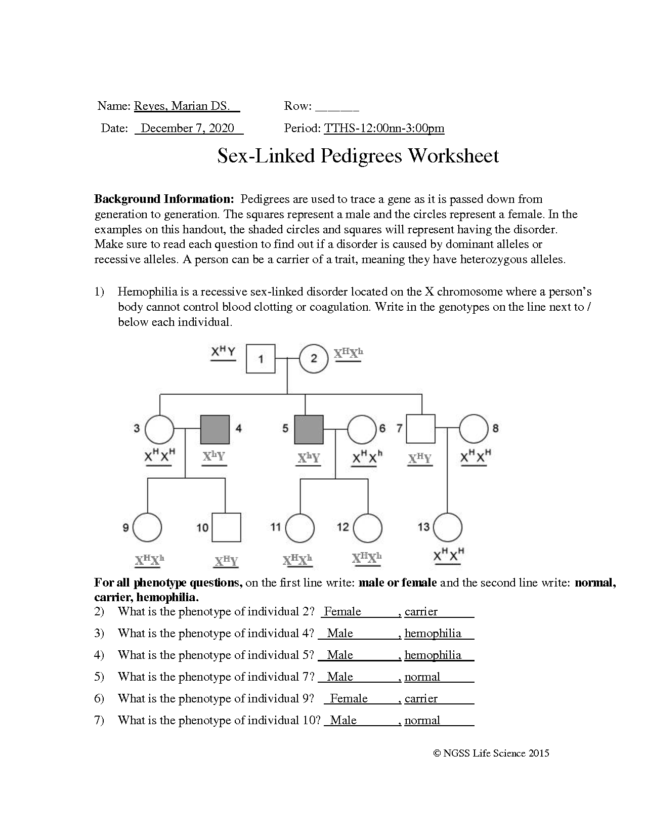 SOLUTION Sex Linked Pedigrees Worksheet Reyes Marian 301p Studypool 