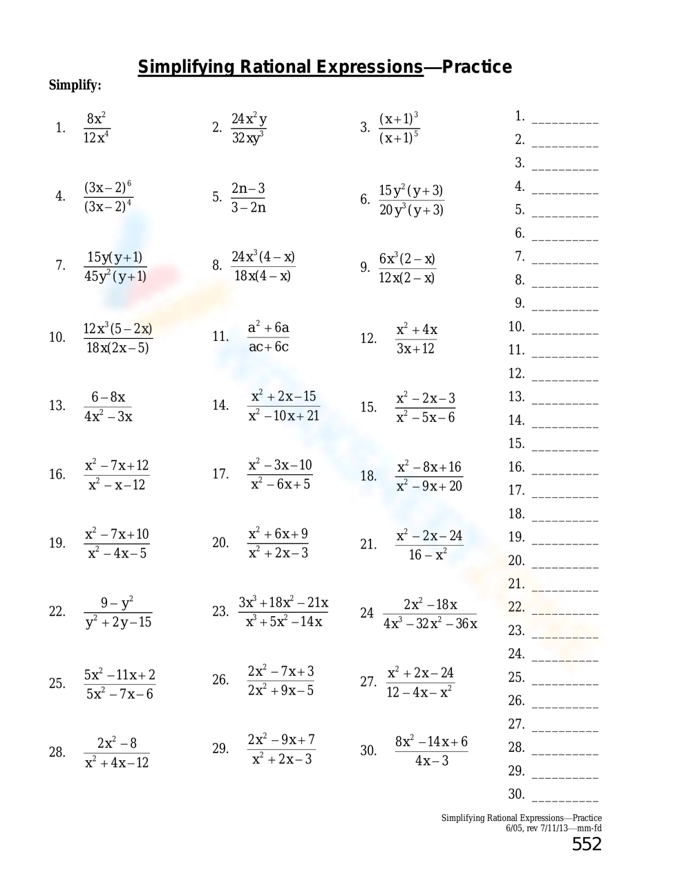SOLUTION Simplifying Rational Expressions Worksheet Algebra 