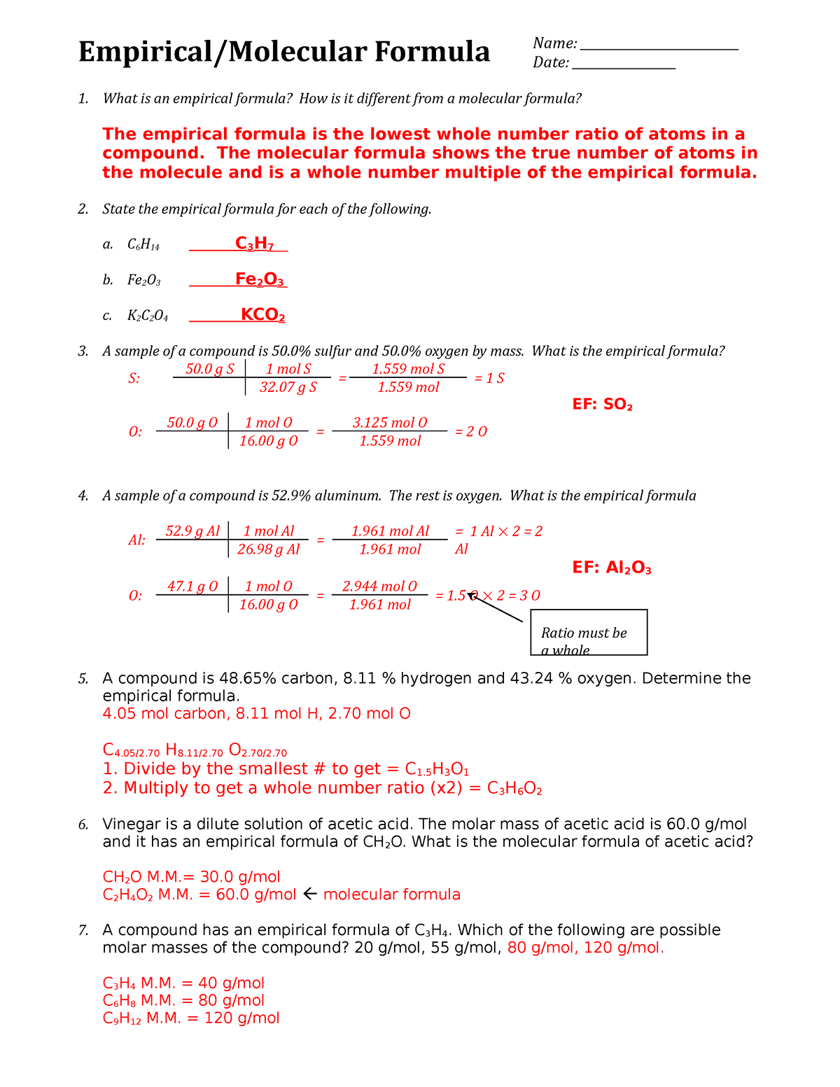 Solved Empirical And Molecular Formula Worksheet SHOW WORK Chegg