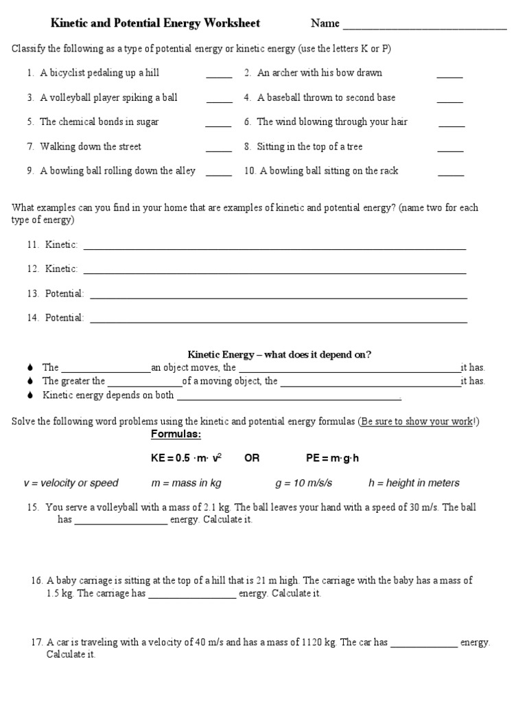 Solved KINETIC AND POTENTIAL ENERGY WORKSHEET Potential Chegg 