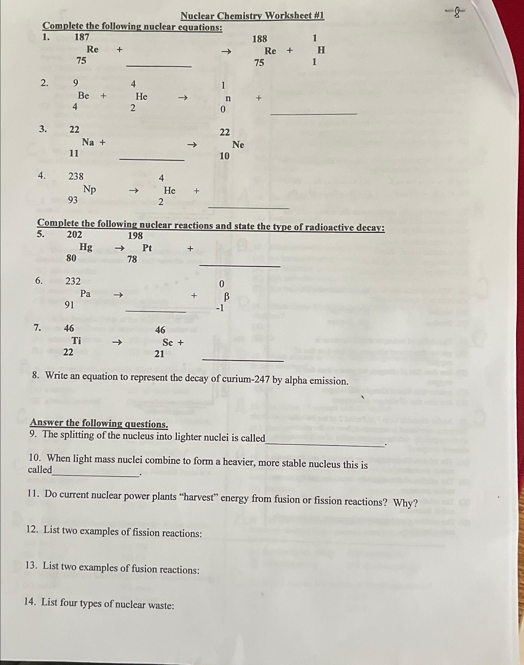Solved Nuclear Chemistry Worksheet 1Complete The Following 