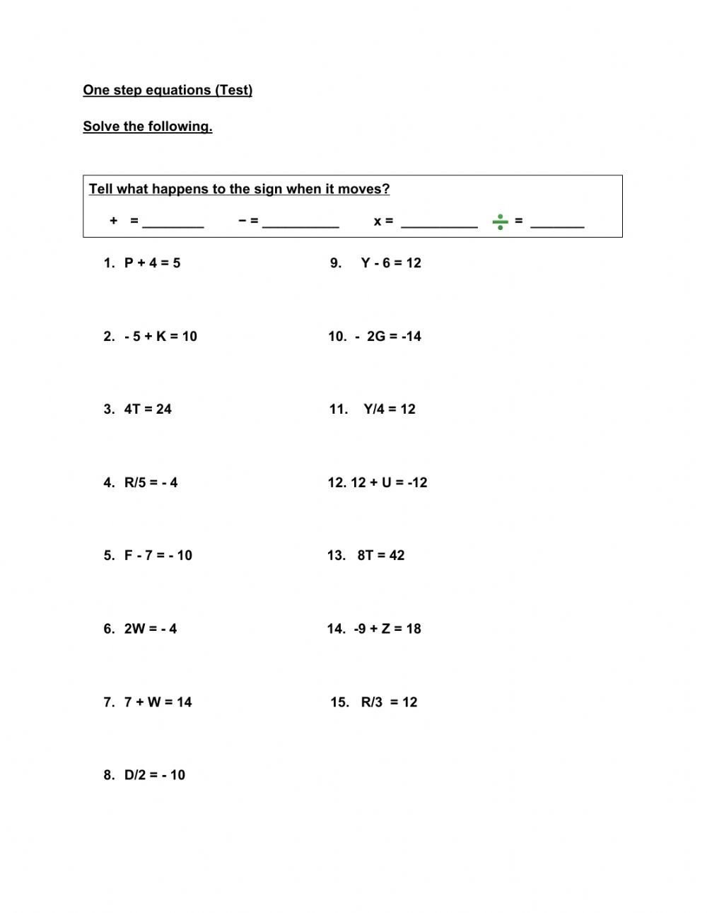 solving equations one step worksheet