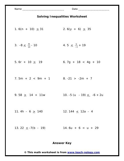 Solving Inequalities Worksheet Teach nology Worksheets Library