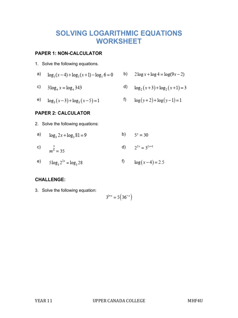 Solving Logarithmic Equations Worksheet PDF Worksheets Library
