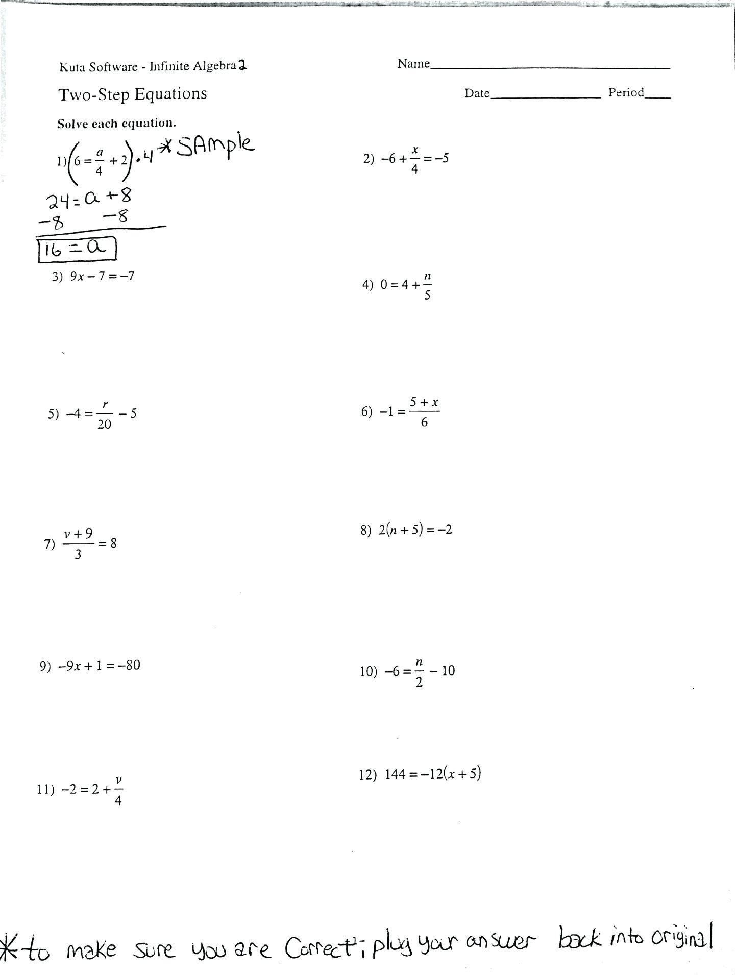solving one and two step equations worksheet