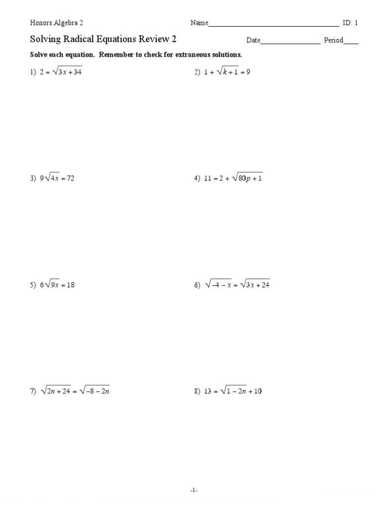 radical equations worksheet