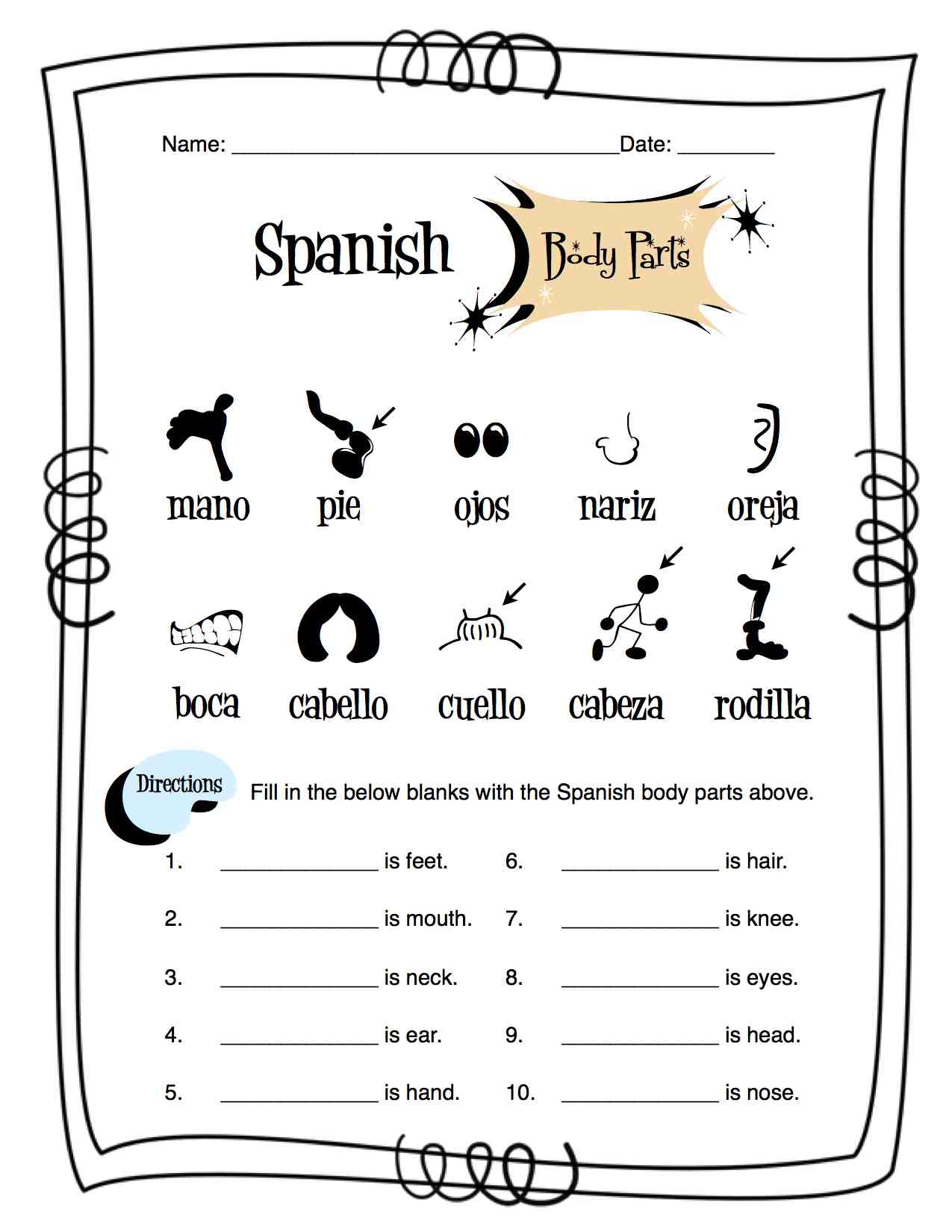 parts of body worksheet