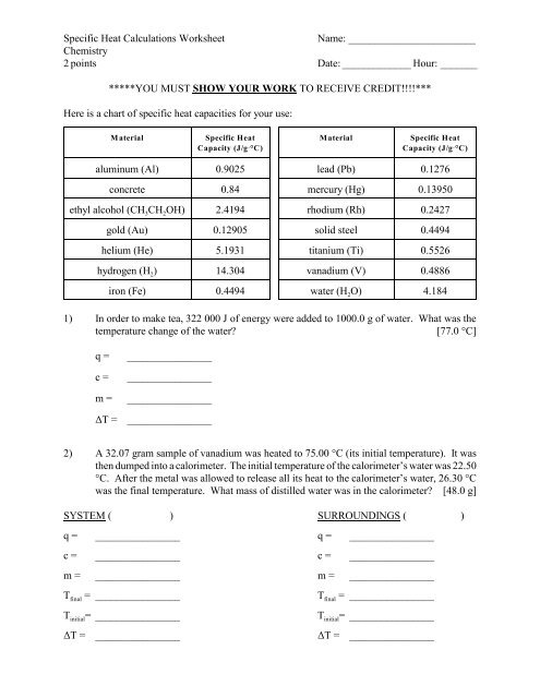 Specific Heat Calculations Worksheet Name Chemistry 2 Points 