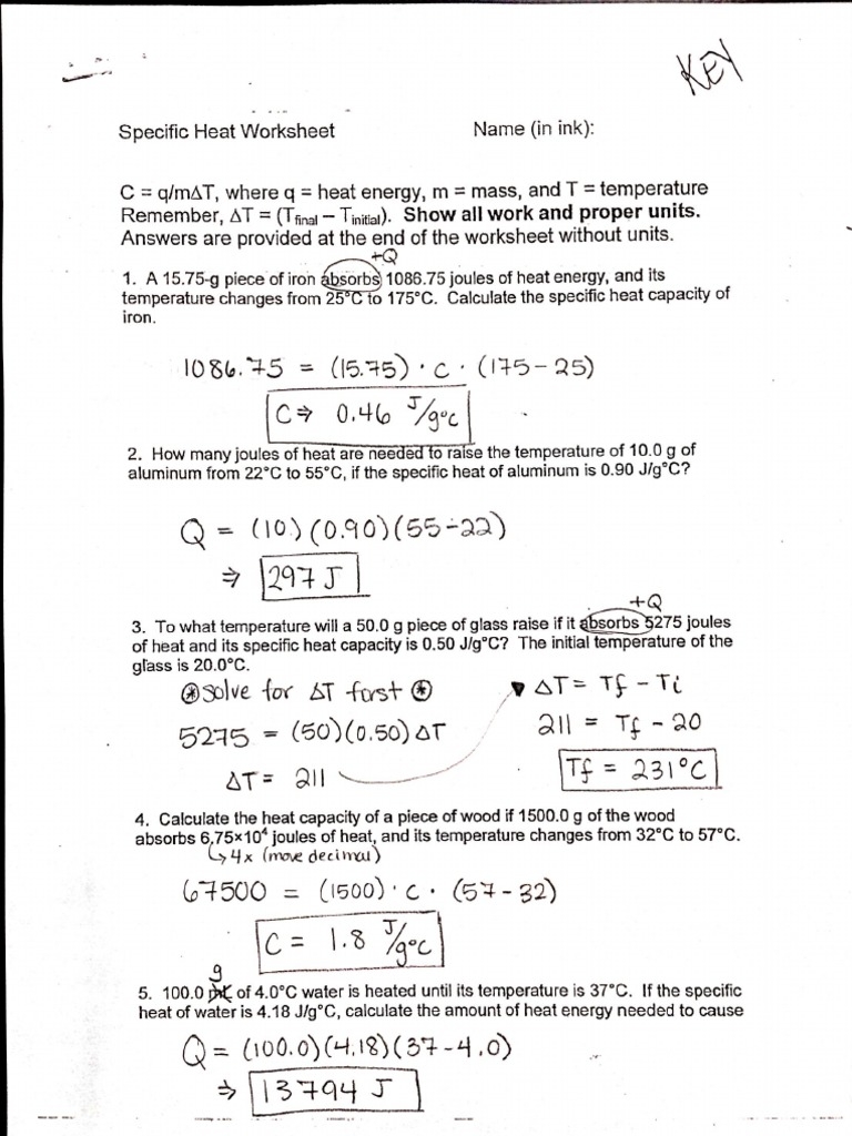 Specific Heat WKSHT Key PDF PDF Worksheets Library