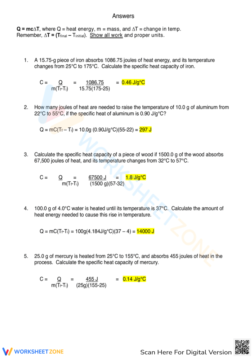 Specific Heat WKSHT Key PDF PDF Worksheets Library