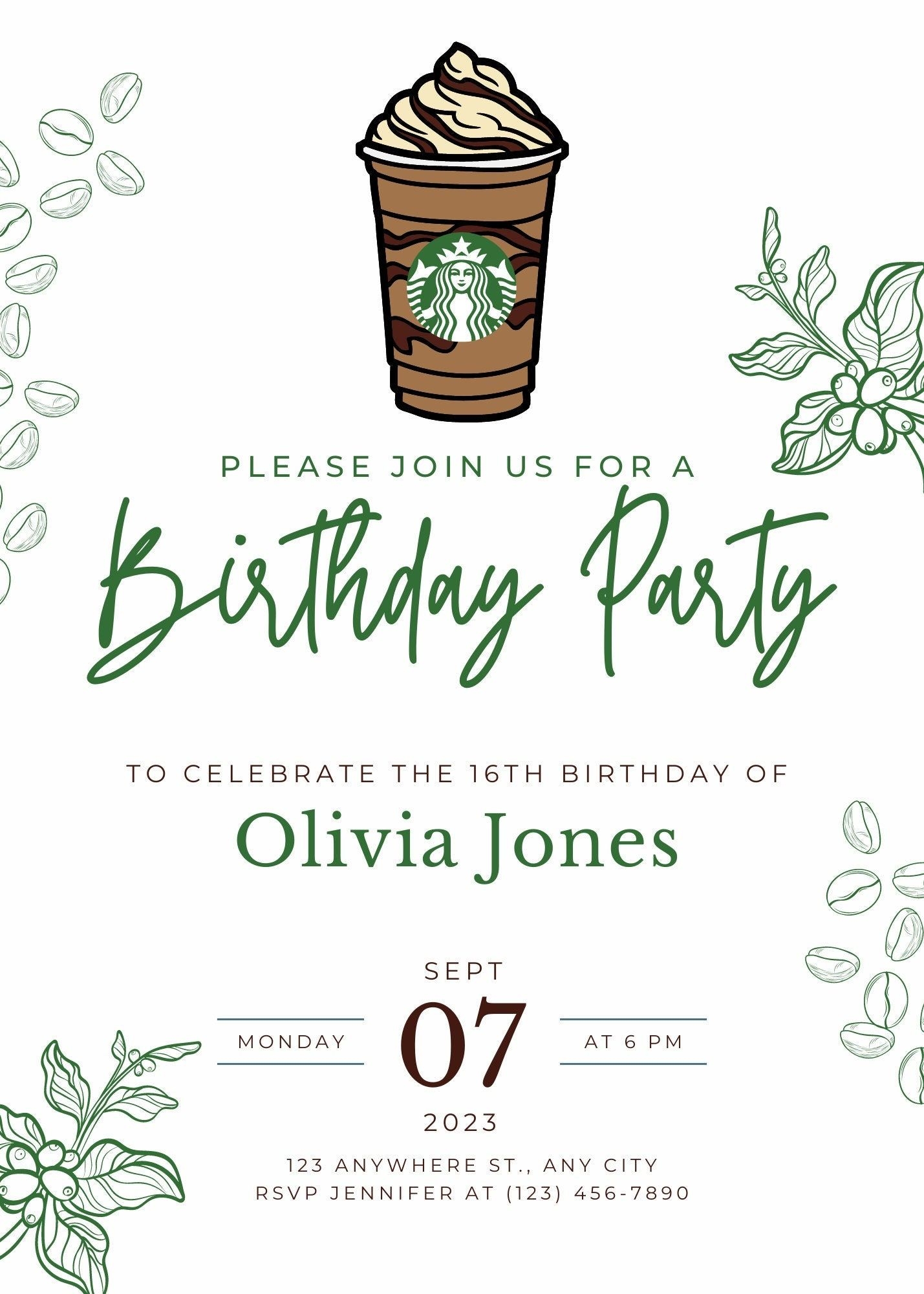 Starbucks Birthday Invitation Frappuccino Coffee Printable Template 