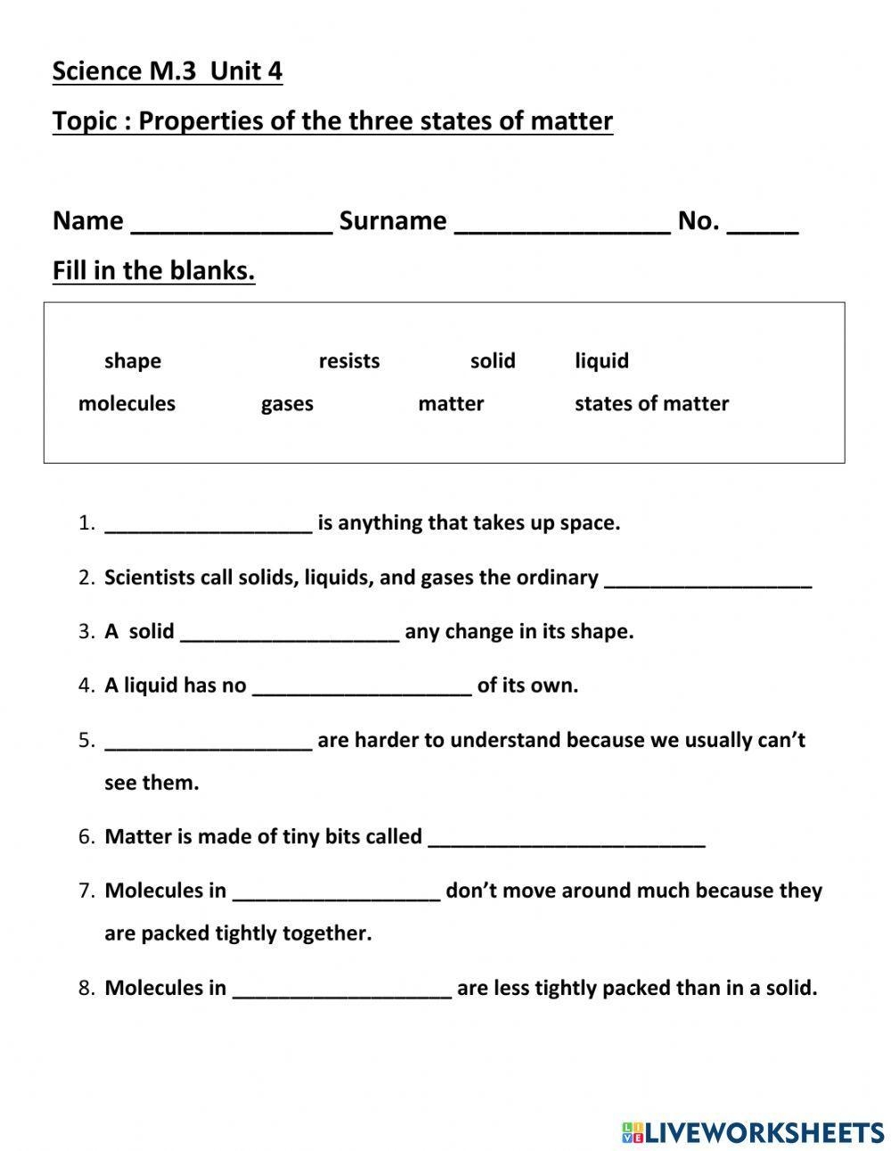 States Of Matter Worksheet For Kids Science Year 3 6 Worksheets 