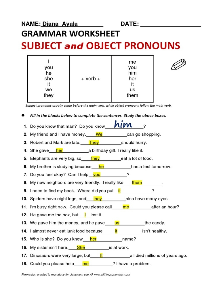 Subject And Object Pronoun Worksheet PDF Foods Worksheets Library