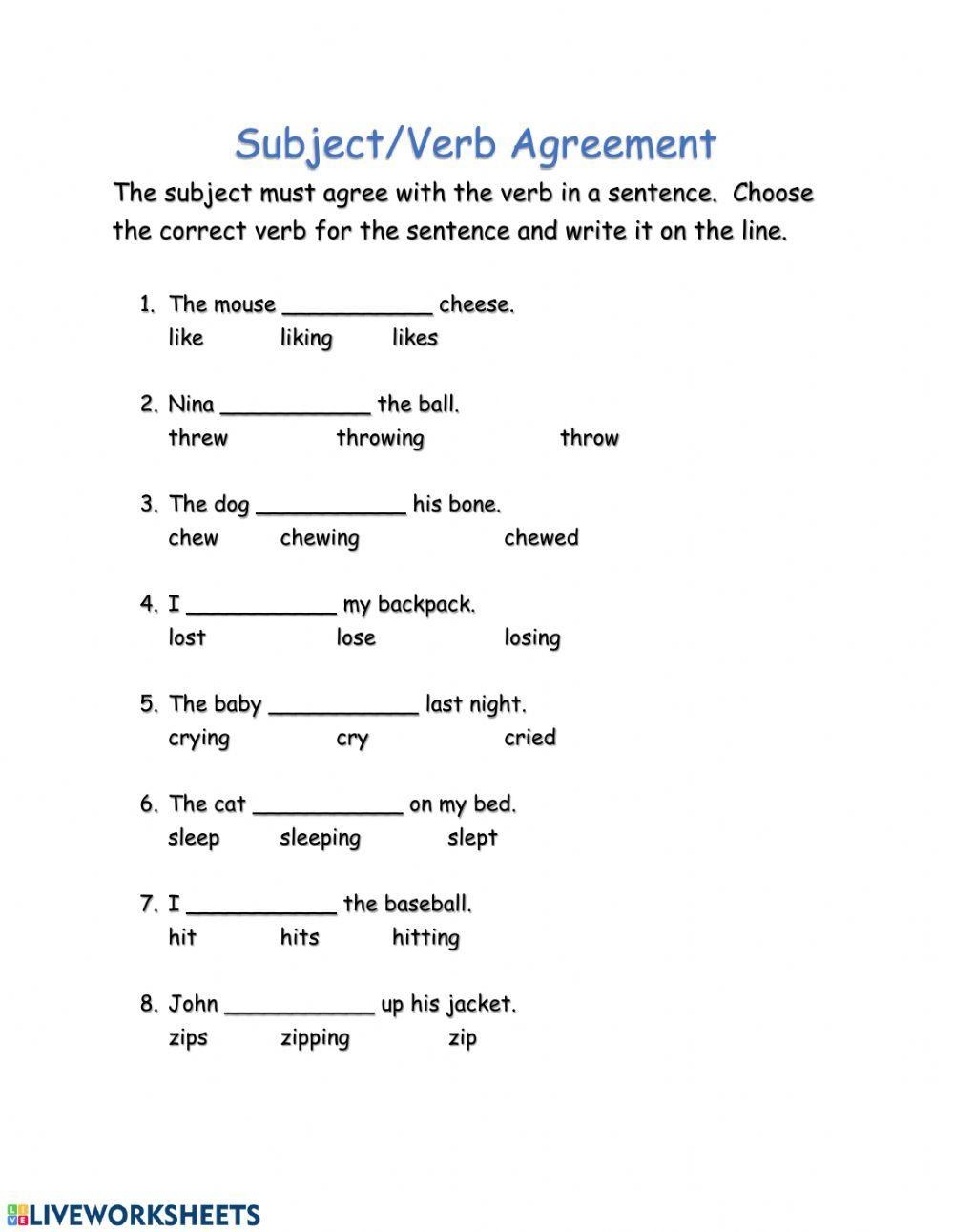 Subject Verb Agreement Fill In The Blank Worksheet Live Worksheets 