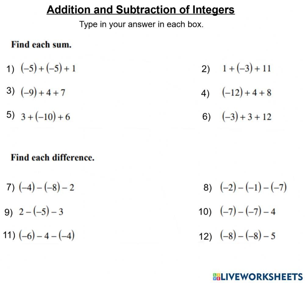 integers adding worksheet