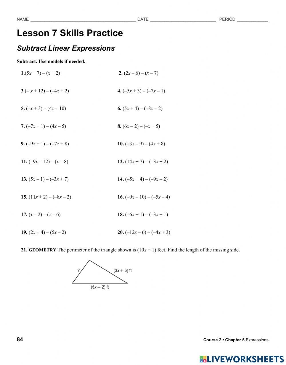 linear expressions worksheet