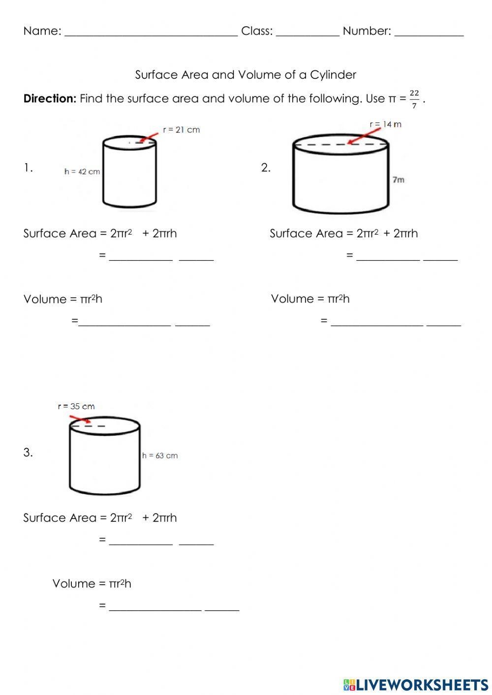 Surface Area And Volume Of A Cylinder Worksheet Live Worksheets