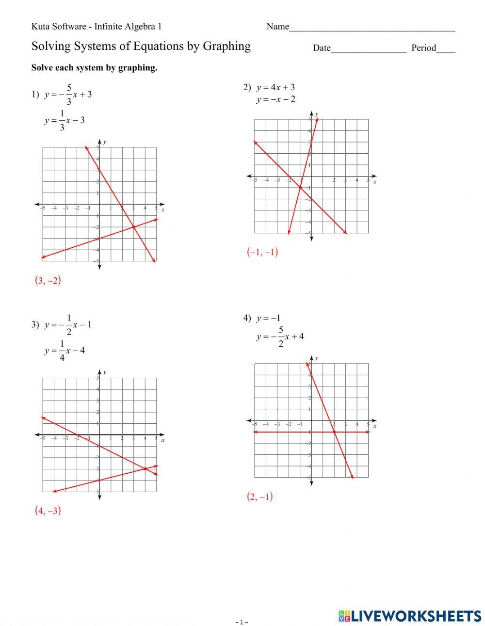 solving systems of equations by graphing worksheet with answers