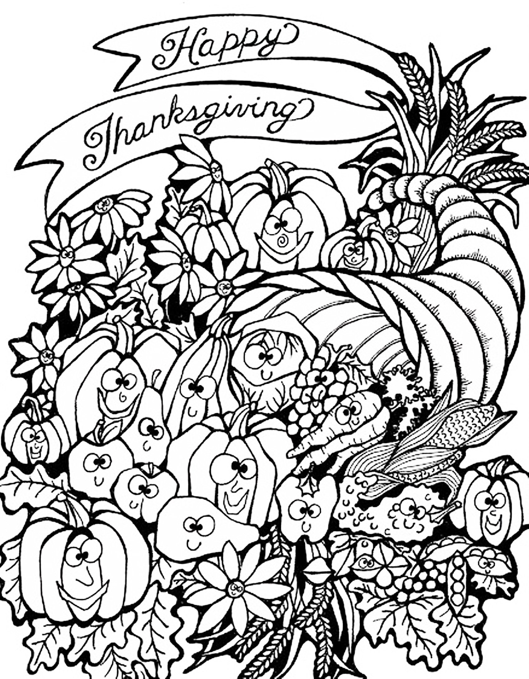 Thanksgiving Harvest Cornucopia Thanksgiving Coloring Pages For Adults