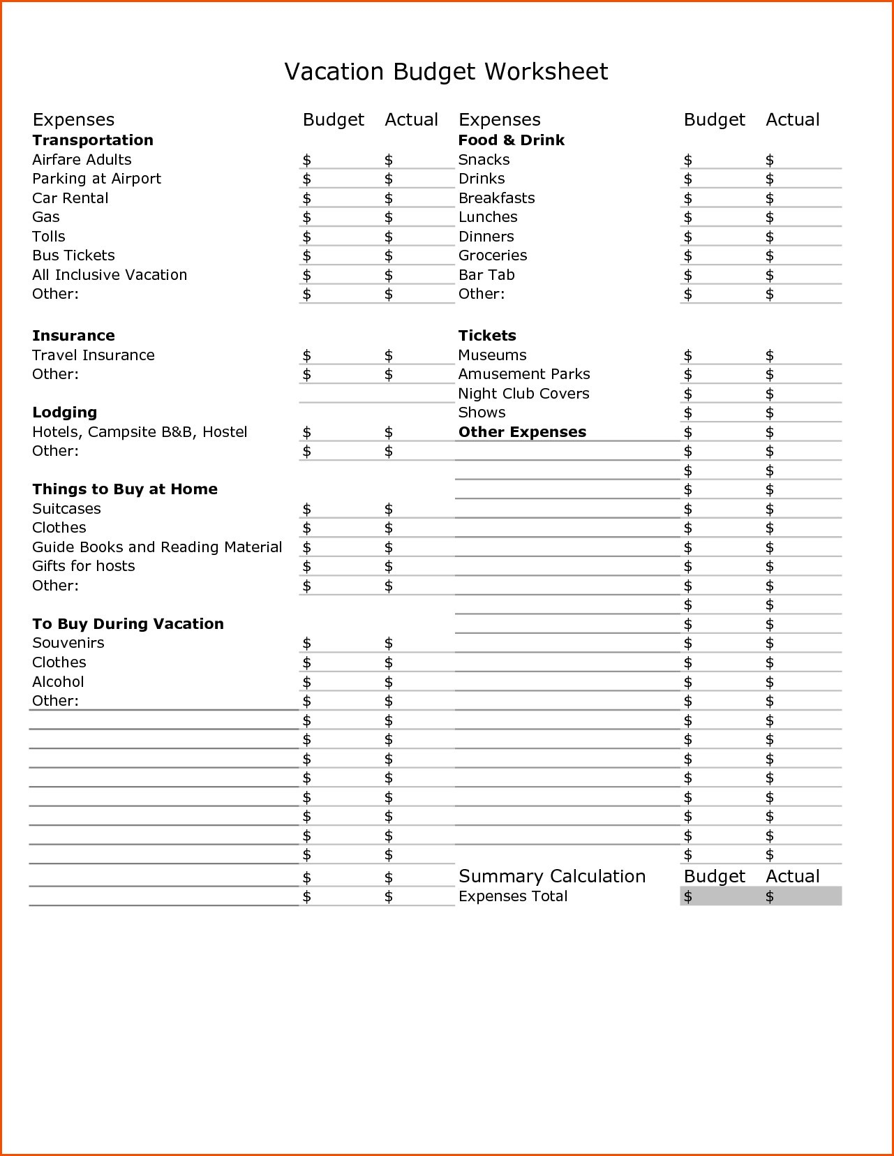 vacation budget worksheet printable
