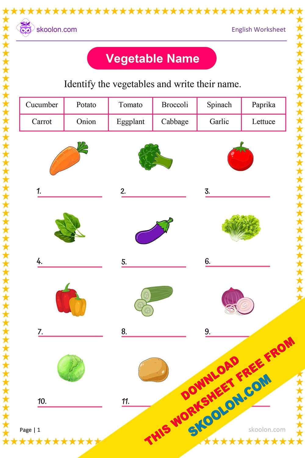 Vegetable Name Worksheet Skoolon