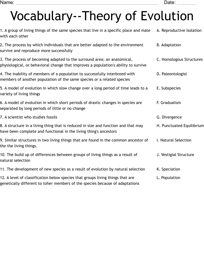 Vocabulary Theory Of Evolution Worksheet WordMint Worksheets Library