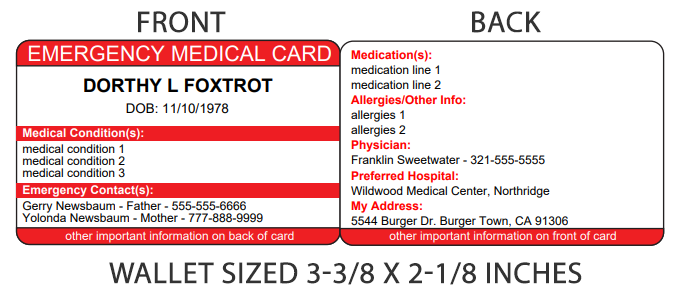 Wallet Size Medication Card Template SEMA Data Co op
