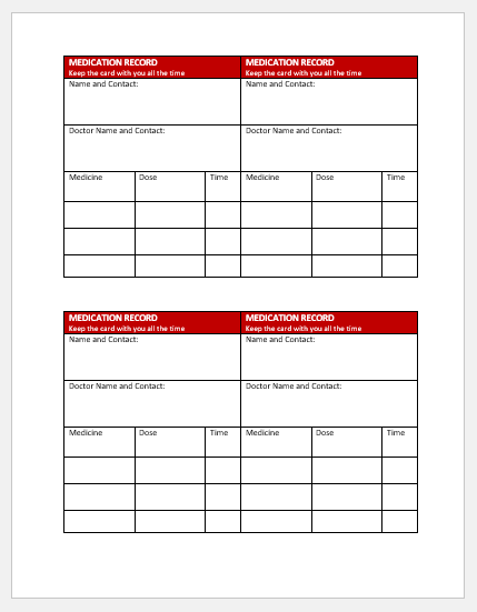 Wallet Size Medication Record Card Templates Download