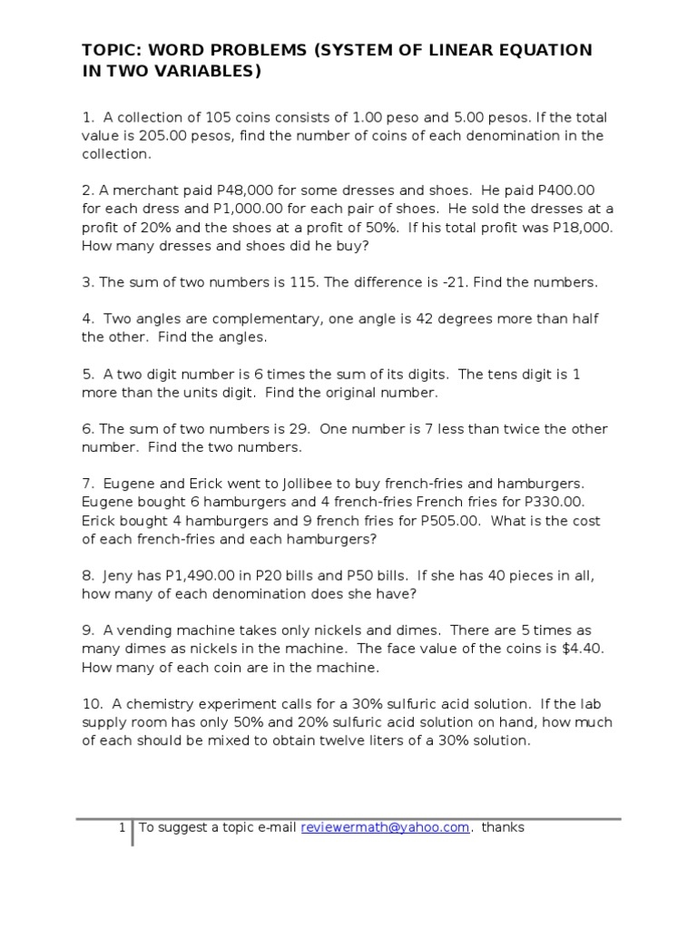 Word Problems System Of Linear Equation In Two Variables PDF 