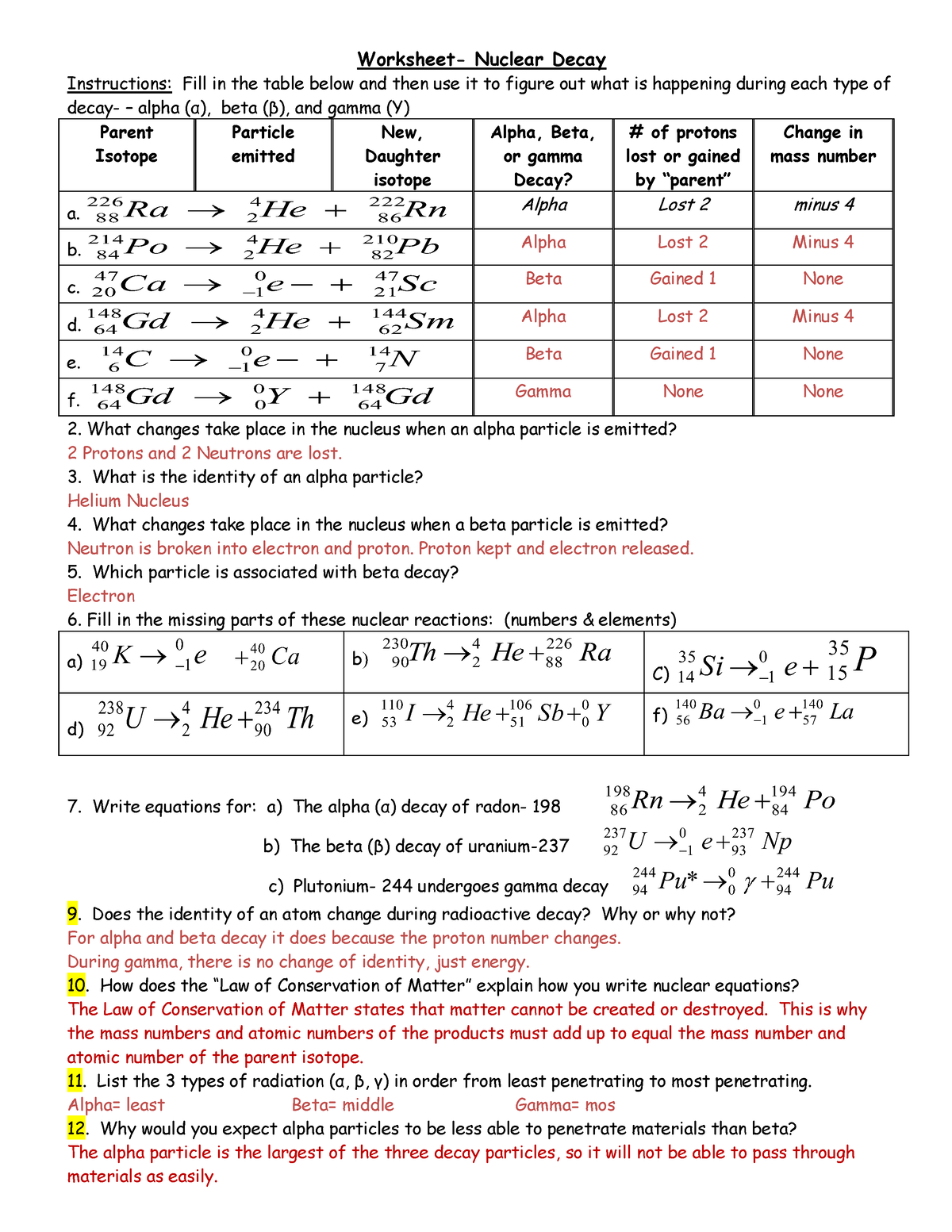 Worksheet Nuclear Decay Worksheet Nuclear Decay Instructions 