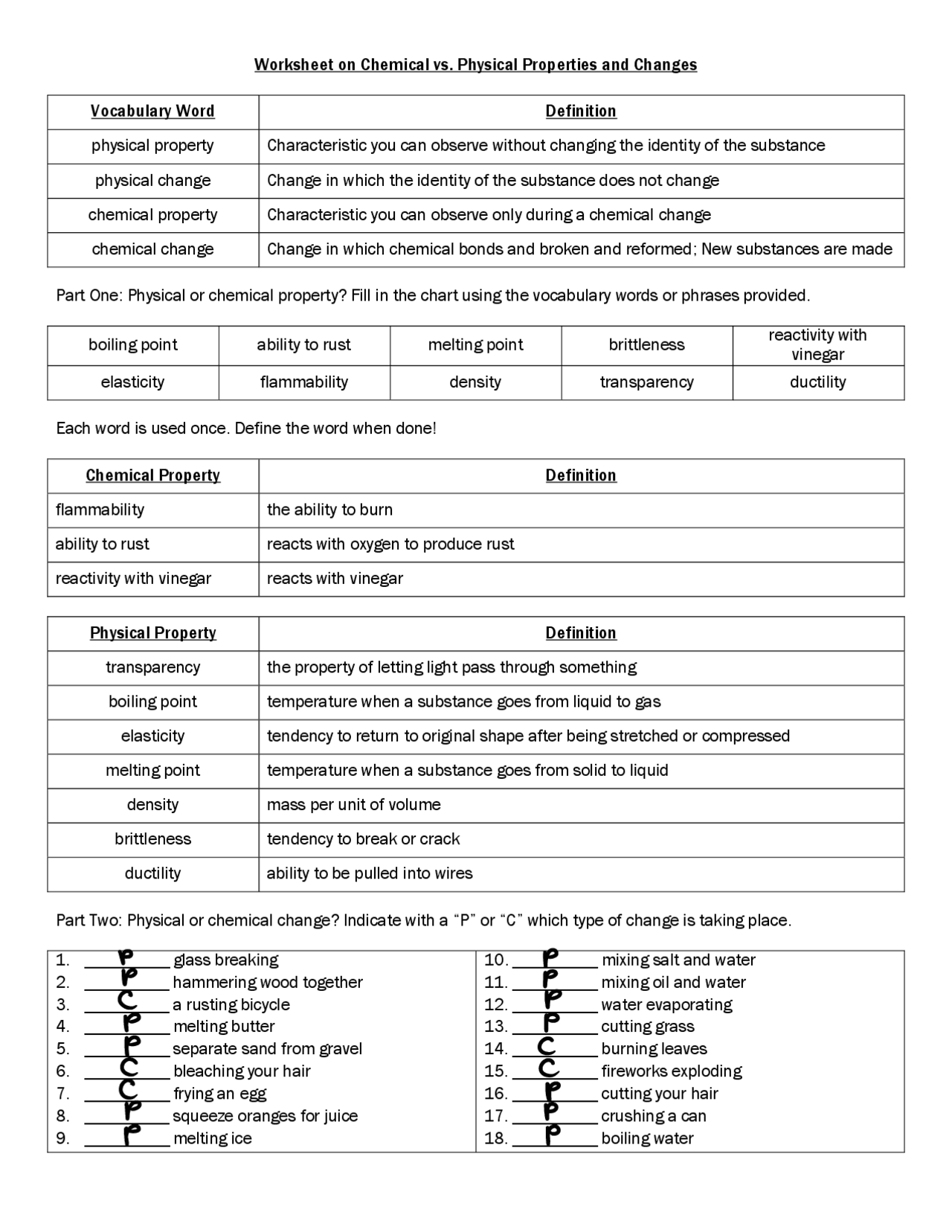 physical and chemical properties and changes worksheet