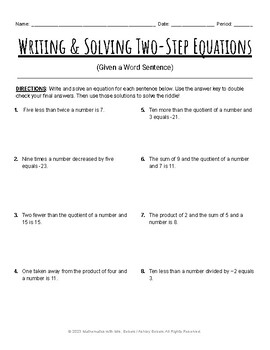 Writing Two Step Equations Word Problems TPT Worksheets Library