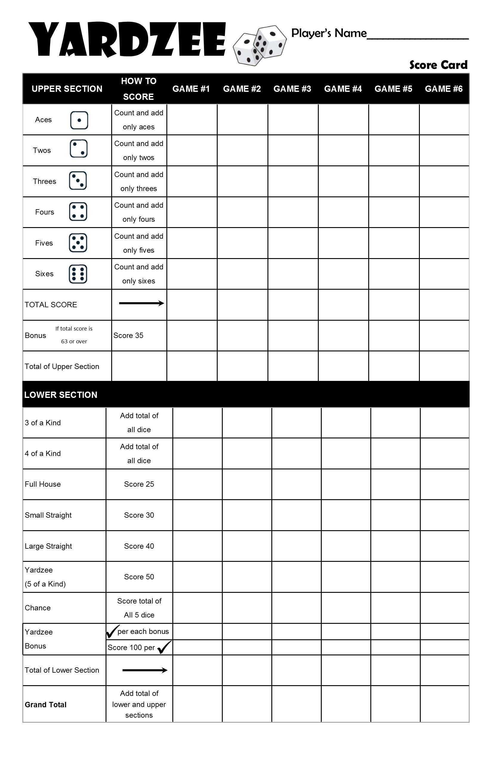 Yardzee Score Card Free Printable Printable World Holiday