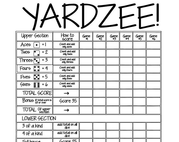Yardzee Score Card Free Printable