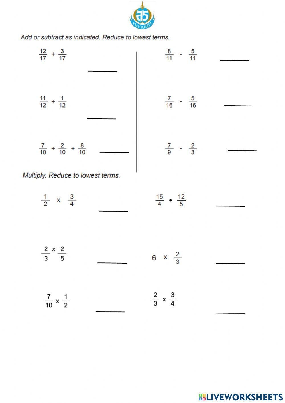 Year 7 ADD SUBTRACT MULTIPLY And DIVIDE FRACTIONS WORKSHEETS 