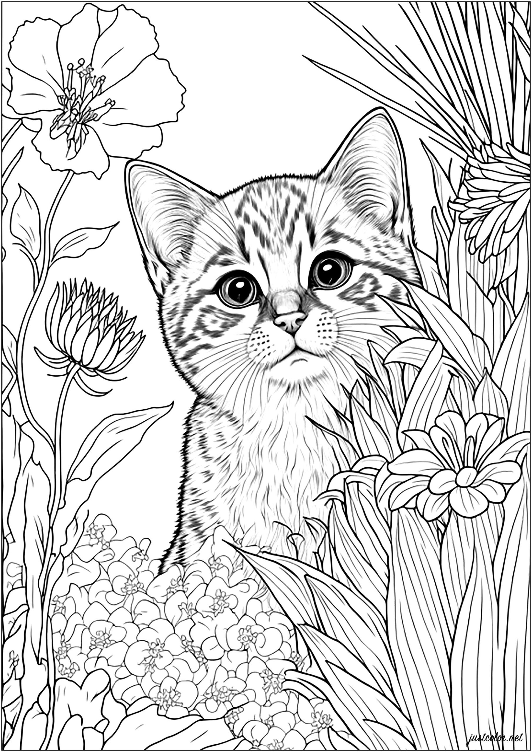 Young Cat Surrounded By Flowers Cats Adult Coloring Pages Page